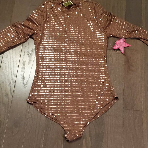 NWT Iris Knit Sequin Long Sleeve Mock Neck Bodysuit Mocha Heat Womens Size Large - Picture 11 of 11